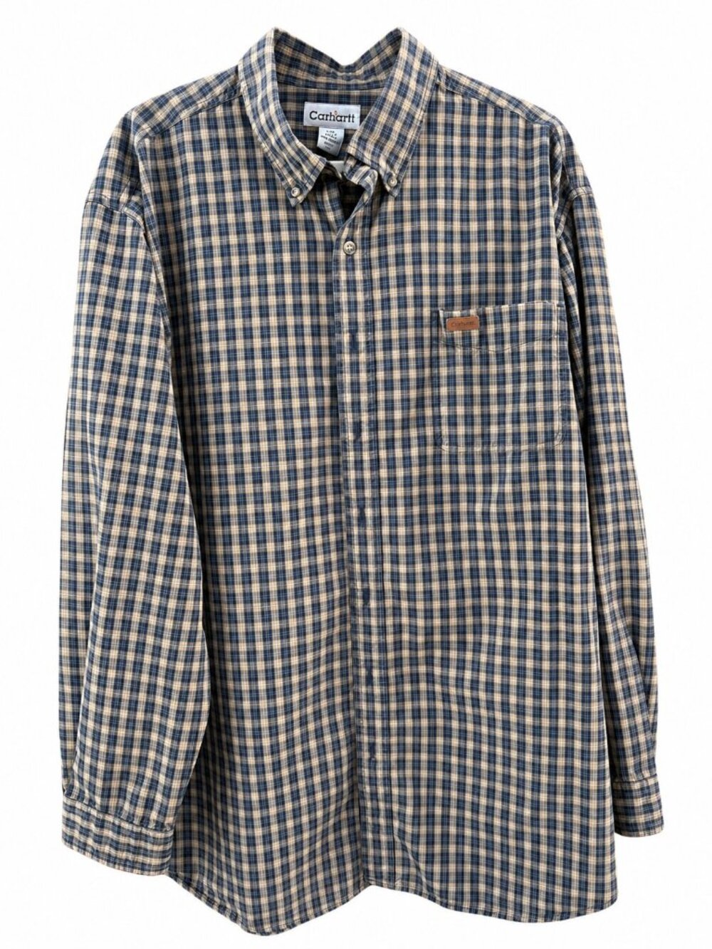 Carhartt Men's 2XL Tall Plaid Button Down Shirt 100% Cotton Blue Tan Workwear